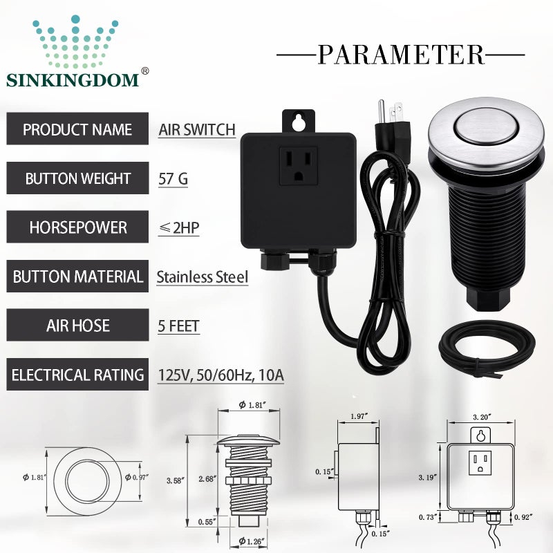 SINKINGDOM Garbage Disposal SinkTop Air Switch Kit with Long Button,Brass Made Cover,Brushed Nickel - Image 2